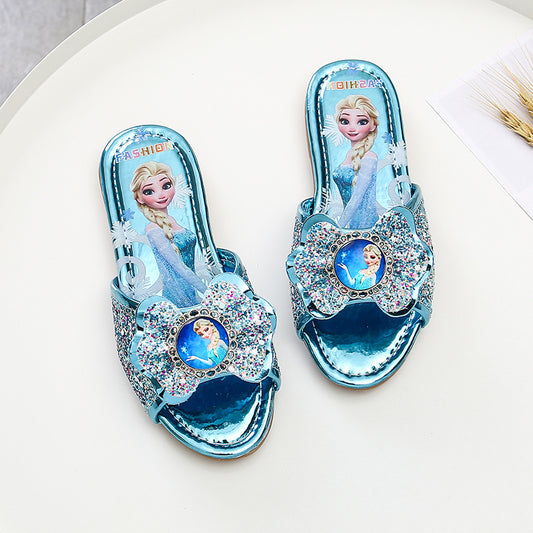 Children&#039;s slippers 2023 summer new girl Princess Elsa Korean girls home indoor and outdoor rhinestone flat shoes.