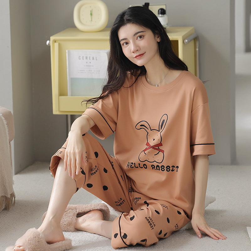 A pajamas women's summer cartoon pure cotton short-sleeved cropped pants casual loose round neck can be worn outside summer loungewear suit