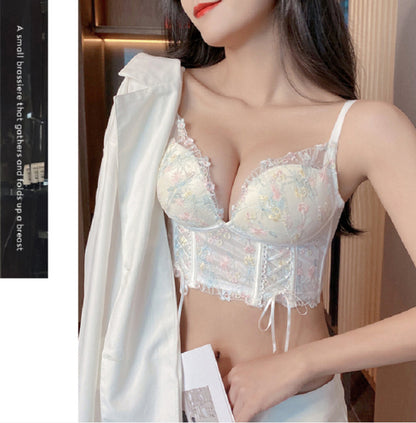 New lace lingerie for women with small breasts, gathered and beautiful back, set with adjustable upper support and secondary breasts without steel ring cover, 0.11kg