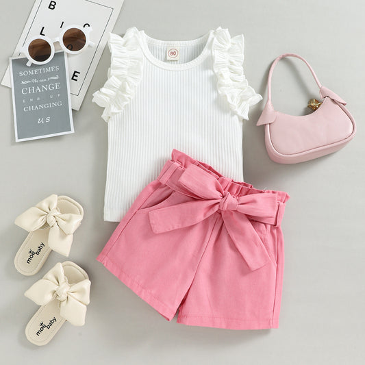 A European and American style summer small and medium-sized girl set with cotton pit strips and wooden ear edges, sleeveless top, solid color shorts, two-piece set