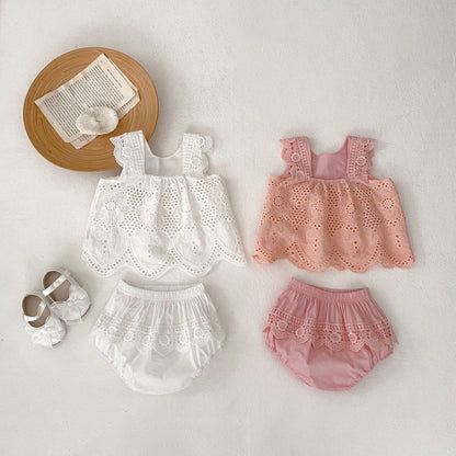 A 2024 Summer infant girl baby round neck sleeveless lace stitching top+pure color bag fart pants 2-piece suit