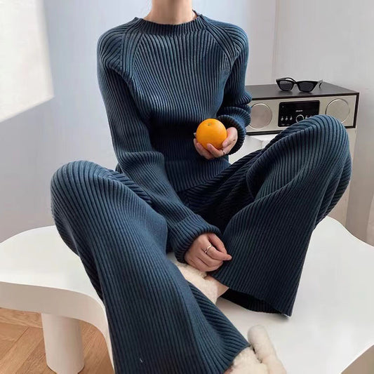 A cross-border new lazy style elegant solid color casual temperament split knitted sweater wide-leg pants two-piece set women