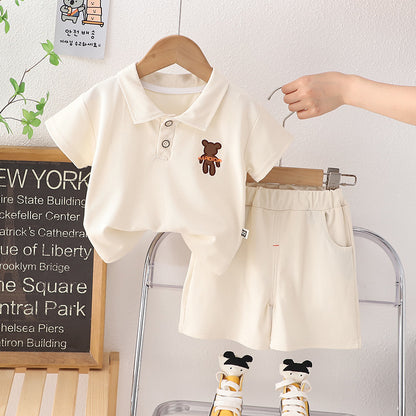 Children&#039;s summer thin cotton embroidered bear short sleeve suit 2023 new boy handsome lapel short sleeve 0.3kg