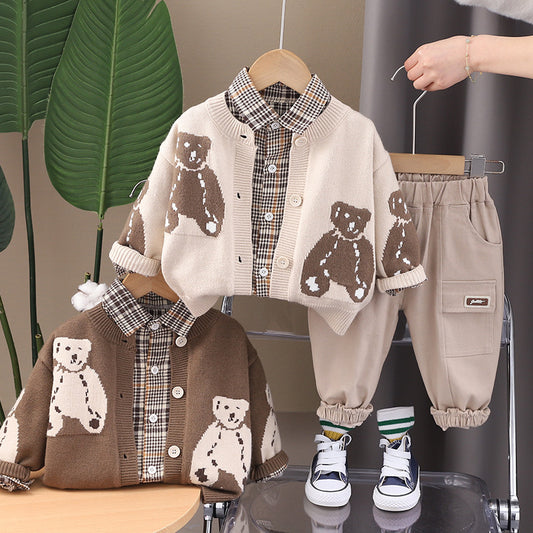 A Children's shirt sweater set New Korean version of children's cartoon autumn clothes baby long-sleeved jacket three-piece set