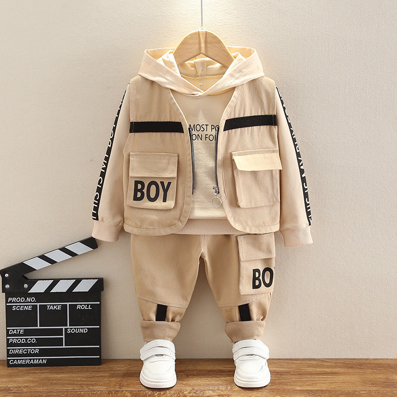 A children's clothing boys spring and autumn long-sleeved set baby 1-4 years old vest cardigan overalls three-piece set manufacturer wholesale 2