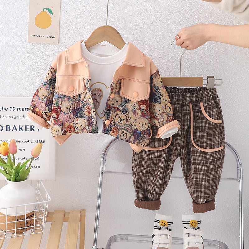 A boys and girls spring clothes new foreign style children's bear leather jacket plaid trousers three-piece set source manufacturer wholesale