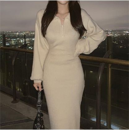 A Korean ins heavy sexy sweater autumn and winter new elegant dress medium and long knitted hip-wrapped dress