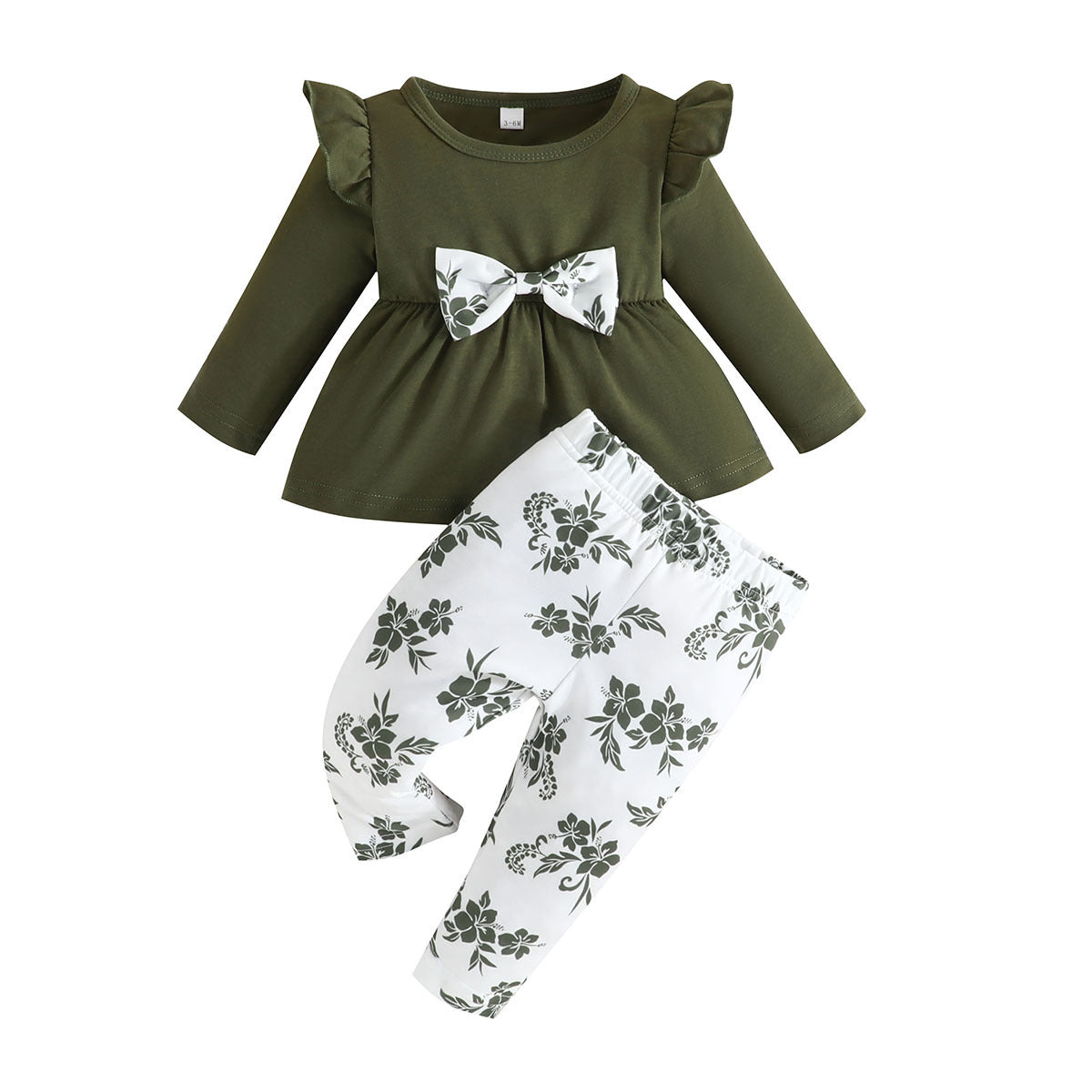 Girls' Fashion Solid Color Print Set Cross-border Little Girl Spring and Autumn Long Sleeve Lace Skirt + Flower Pants 0.15kg