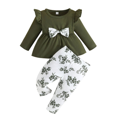 Conjunto de estampado de color sólido de moda para niñas, falda de encaje de manga larga de primavera y otoño para niñas pequeñas con borde cruzado + pantalones de flores 0,15 kg 