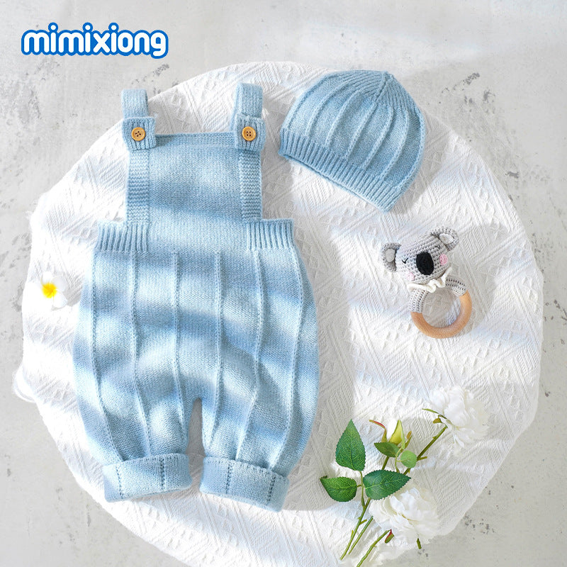 A ins hot spring and autumn new baby solid color suspender Romper + hat set climbing clothes