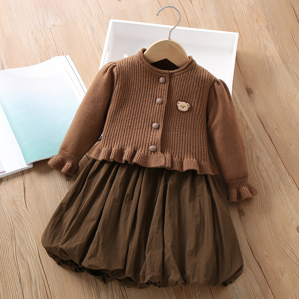 A girls sweater set autumn and winter new Korean version cute cartoon solid color knitted vest skirt cardigan two-piece set