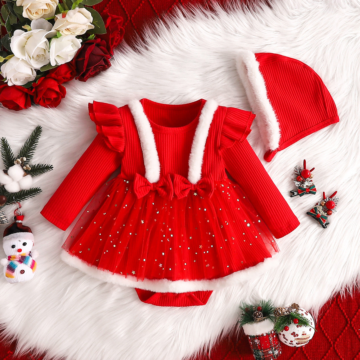 A Autumn new Christmas festive red bow long-sleeved one-piece triangular Romper skirt + Christmas hat