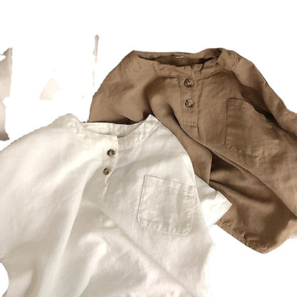 Ropa infantil japonesa con un perfecto sentido del detalle ~ Camisa de algodón con silueta infantil para niños y niñas, estilo artístico holgado de manga corta 