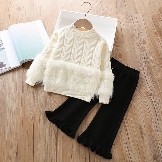 A girls sweater set autumn and winter new foreign style Korean version solid color twist fluff knitted long-sleeved pants two-piece set