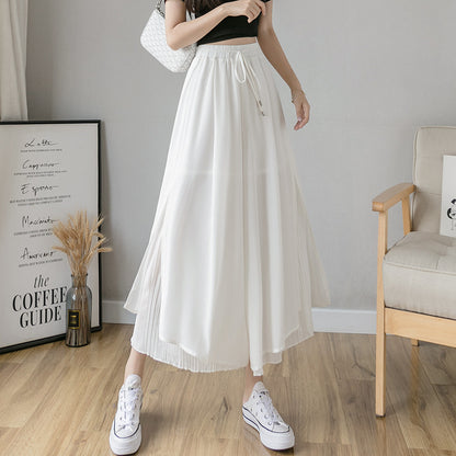 A real shot chiffon wide-leg pants women's 2024 summer high-waisted culottes loose and drape nine-point pleated wide-footed pants skirt