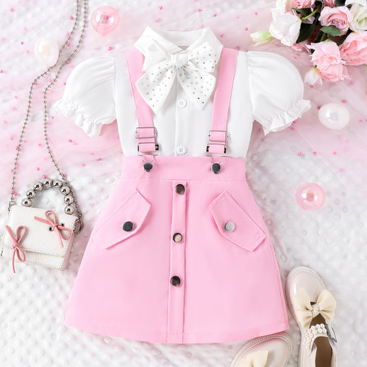 A 2024 summer amazon puff short sleeve lapel bow tie shirt strap short skirt girls suit