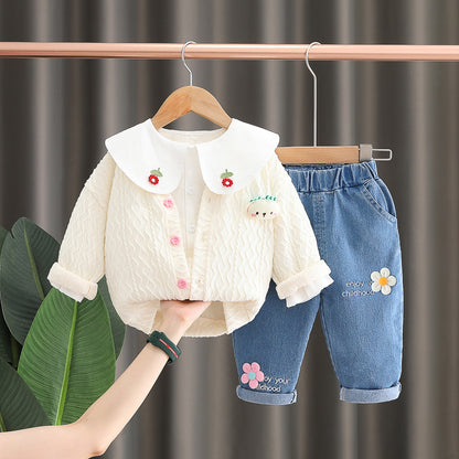 Girls autumn outfit set, new trendy shirt, cardigan, jeans, three piece set, baby long sleeved jacket 0.3kg