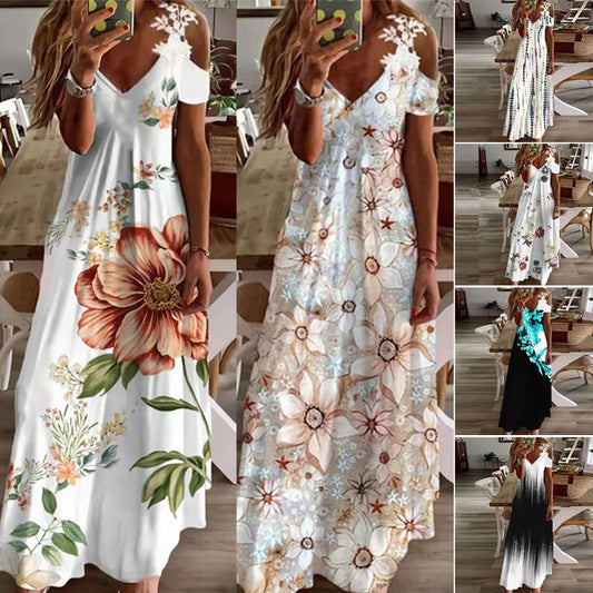 A 2024 European and American cross-border Amazon women's clothing summer new lace suspender v-neck fashion printed loose dress