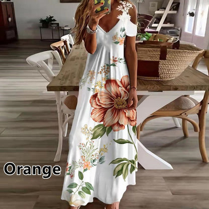 A 2024 European and American cross-border Amazon women's clothing summer new lace suspender v-neck fashion printed loose dress