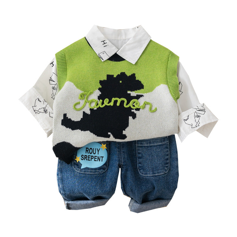 A boys' spring suit foreign baby spring autumn wave dinosaur sweater three -piece set