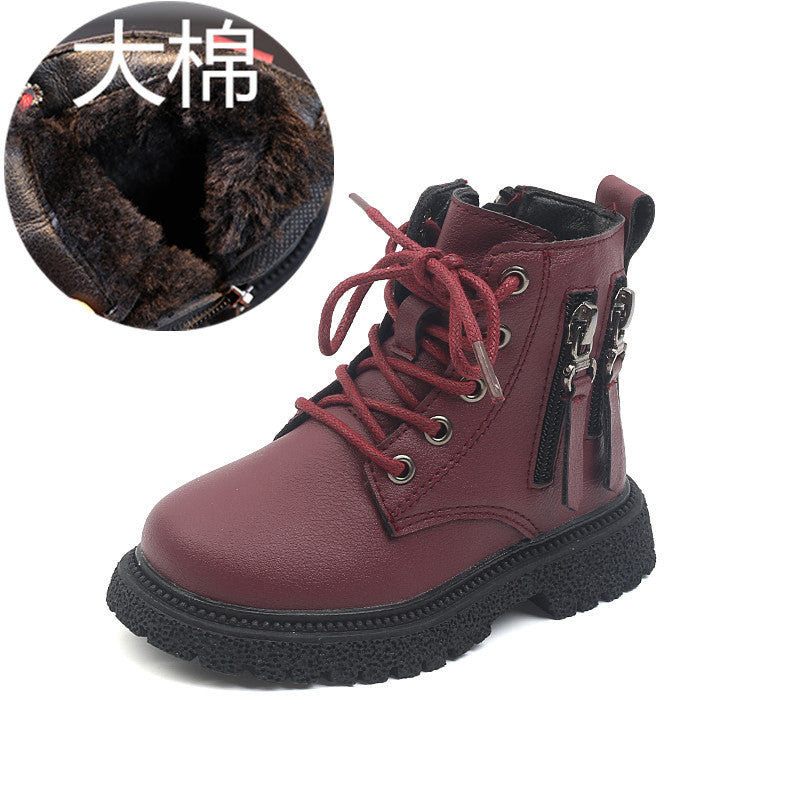 A autumn and winter new children's velvet Martin boots British style boys warm small leather shoes girls large cotton fashion short boots