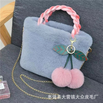 Bolso de mano con forma de conejo de peluche y cerezas, bonito y femenino 