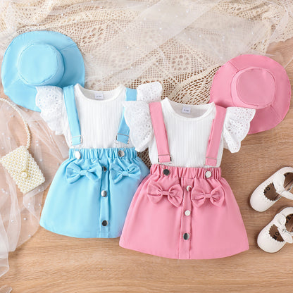 Amazon Spring/Summer New Children's Lace Flying Sleeves Top+Solid Color Strap Short Skirt+Hat Girls' Set