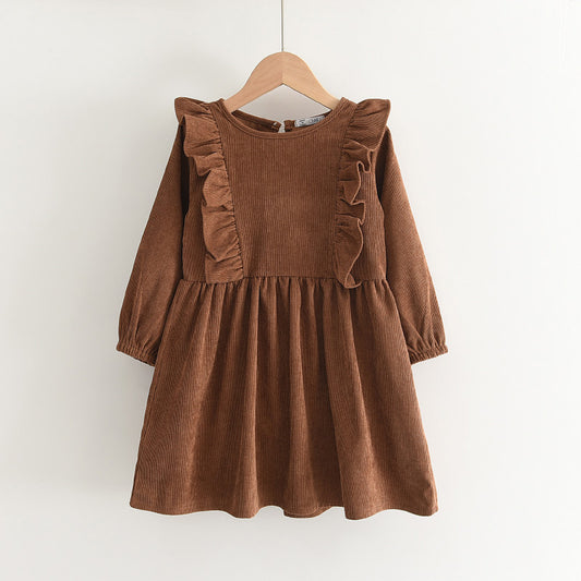 Vestido de niña de otoño con cuello redondo y borde en forma de oreja, manga larga, color liso, pana, 0,3 kg 