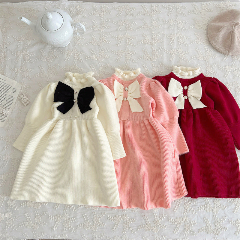 Girls' woolen dress, children's knitted dress, new bow fashion long dress, baby girl dress