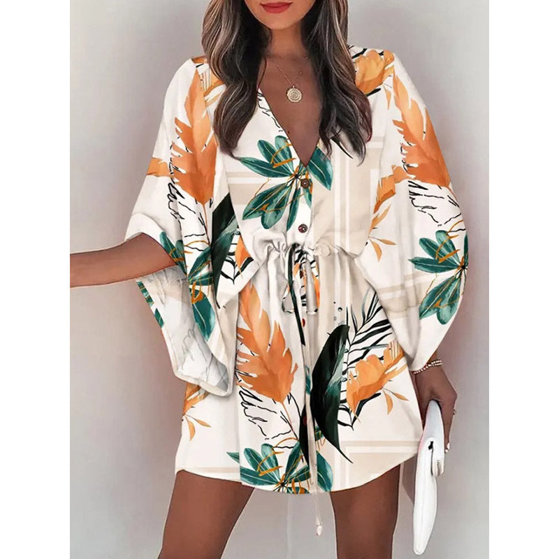 A cross-border European and American foreign trade women's clothing summer women's flying sleeves Amazon V-neck lace up printed beach skirts wholesale