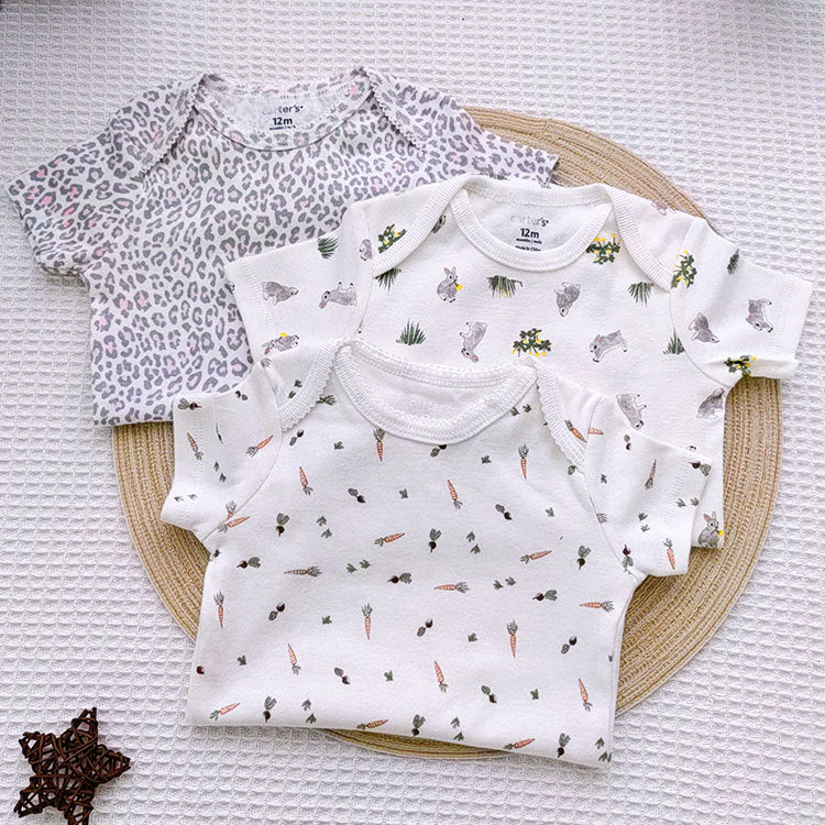 A summer men's and women's treasure triangle crawling newborn short-sleeved cotton leopard print one-piece Ha clothes toddler cartoon animal children's clothing wholesale