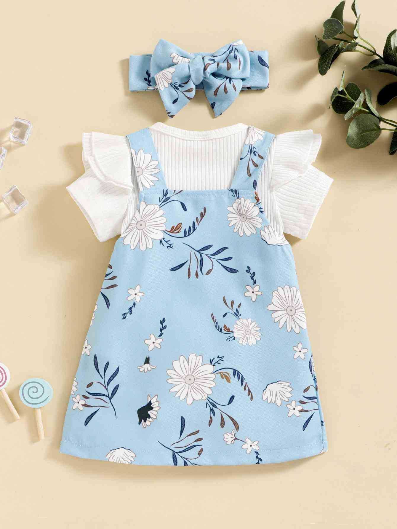 Children's Clothing Spring Summer Korean Girl Flying Sleeve Short Sleeve Bag Fart Dress Flower Print Strap Dress Baby Set 0.15kg