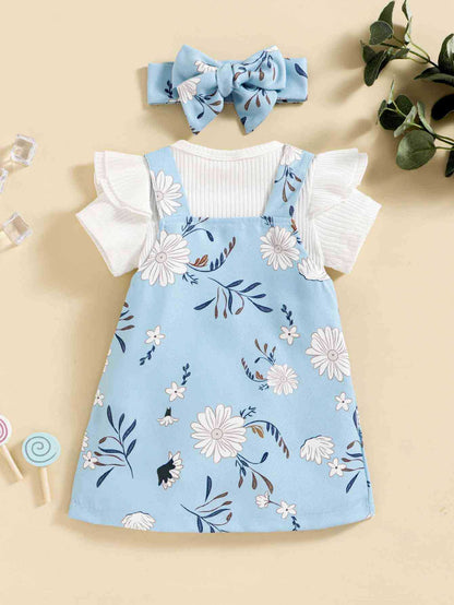 Children's Clothing Spring Summer Korean Girl Flying Sleeve Short Sleeve Bag Fart Dress Flower Print Strap Dress Baby Set 0.15kg