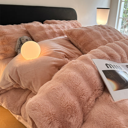 Class A 400 high gram weight light luxury sense of luxury winter thickened rabbit rabbit down four-piece set milk velvet warm quilt cover solid color 4.0kg