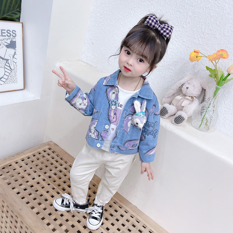 Small and medium-sized children's rabbit head denim jacket three piece set for girls long sleeved denim outer jacket cute set 0.3kg