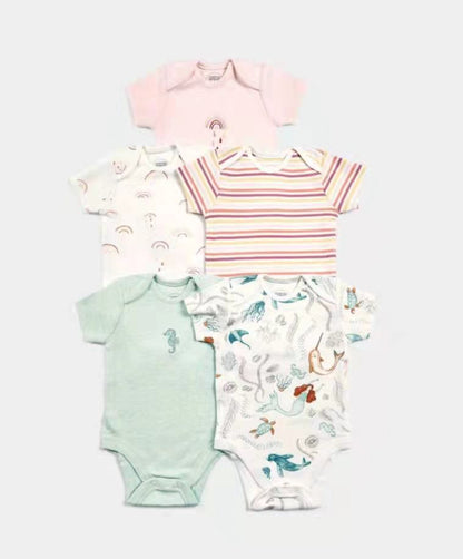 Foreign trade baby onesies, male and female baby short-sleeved bag fart clothes, newborns, Ha clothes, thin crawling clothes, summer 5 pieces