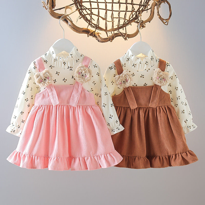 Girls dress spring and autumn clothes new baby girl skirt 0-4 years old round neck princess style children's clothes fake two skirts