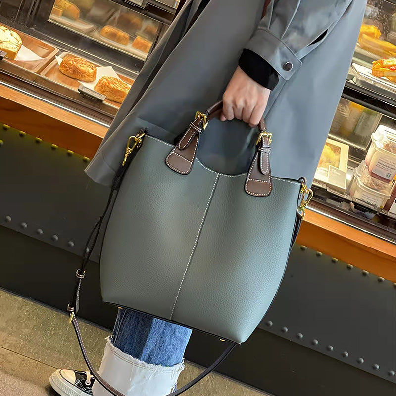 Women's genuine leather handbag shoulder crossbody bucket bag