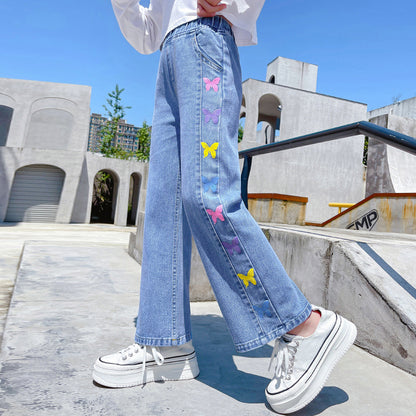 Girls' Jeans 2023 Spring and Autumn New Clothes: Big Kids Wide Leg Pants, Children's Straight Leg Pants, Loose Long Pants, 12 Year Old Tide 0.4kg