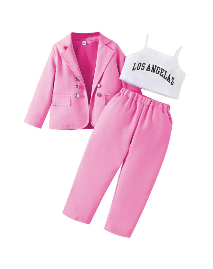 New girl's spring and autumn long sleeved jacket+camisole top+long pants three piece set of children's letter children's clothing 0.27kg