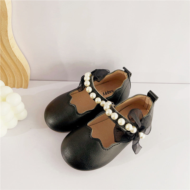 Zapatos de princesa, zapatos pequeños de cuero para niñas, zapatos de lazo de suela blanda para niñas de primavera y otoño nuevos para niñas con perlas de estilo occidental 0,5 kg 