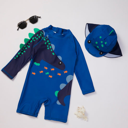 Un nuevo traje de baño de una pieza con protección solar para niños de 2024, dinosaurio europeo y americano, de una pieza con capucha, explosiones en traje de baño para niños, capataz, venta directa de 0,2 kg 