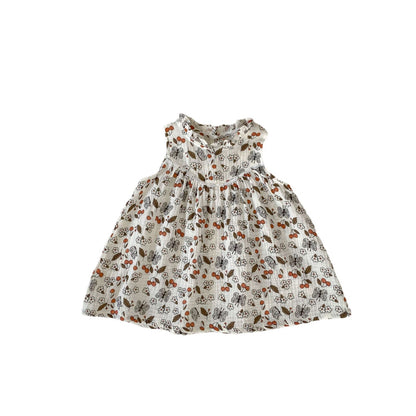 Vestido de verano 2024 para niña, camiseta sin mangas con estampado de mariposas y cerezas a la moda para niña pequeña 