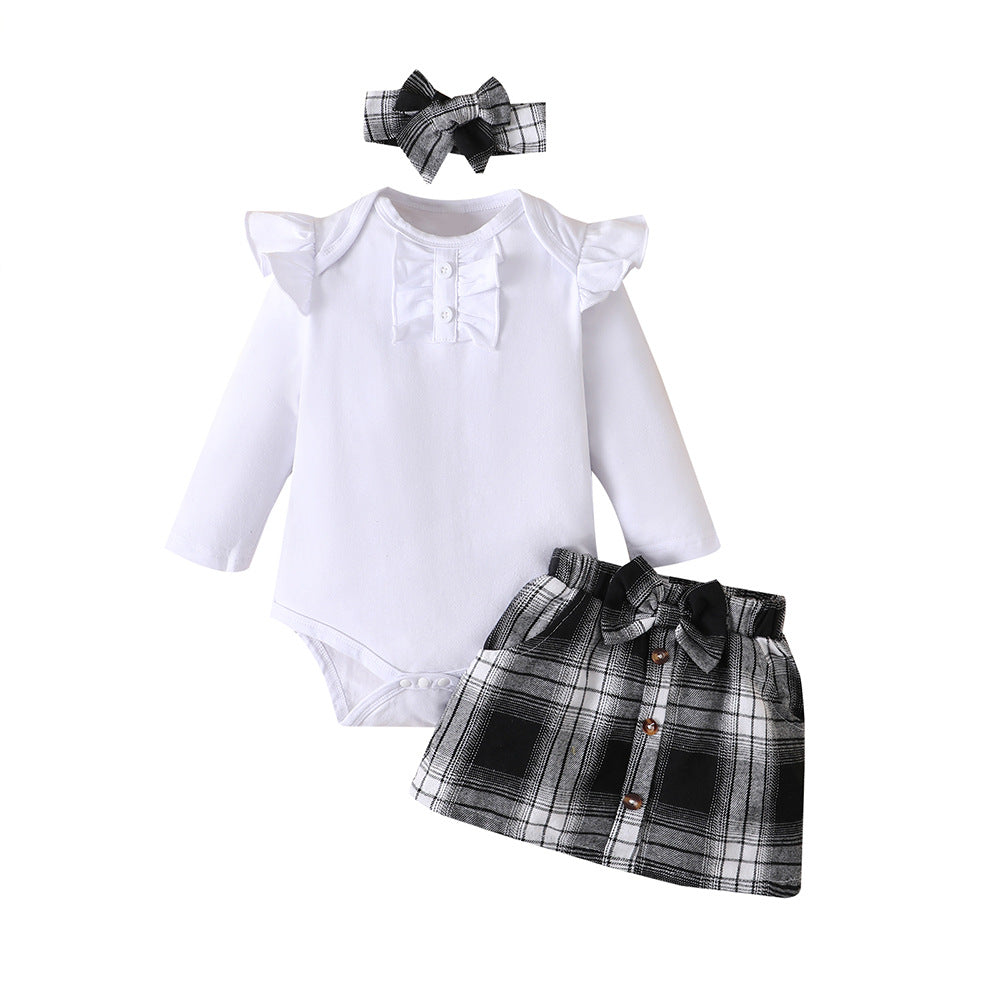 A Baby Set Autumn Long Sleeve Triangle Romper Cross-border Plaid Skirt Baby Girl Two-piece Set Foshan Children's Clothing