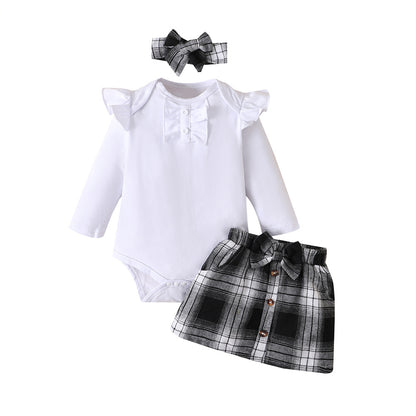 A Baby Set Autumn Long Sleeve Triangle Romper Cross-border Plaid Skirt Baby Girl Two-piece Set Foshan Children's Clothing