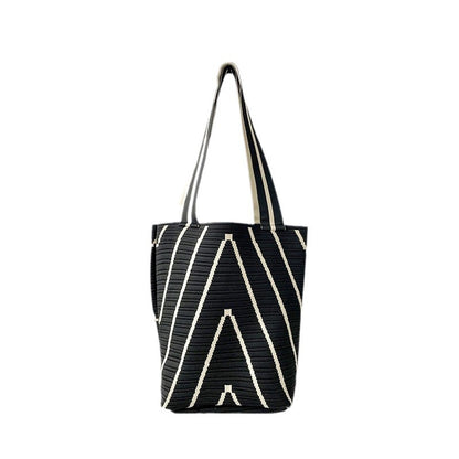 A large-capacity small bag, women's striped portable knitted tote bag, portable storage bag, Korean version solid color shoulder bag.