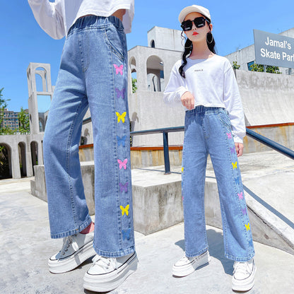 Girls' Jeans 2023 Spring and Autumn New Clothes: Big Kids Wide Leg Pants, Children's Straight Leg Pants, Loose Long Pants, 12 Year Old Tide 0.4kg