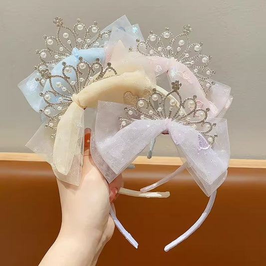 PRICE FOR 10 PIECE Princess temperament Crown tiara little girl gauze bow Pearl hairband pleated lace embroidered headband hairpin (weight:0.05kg)