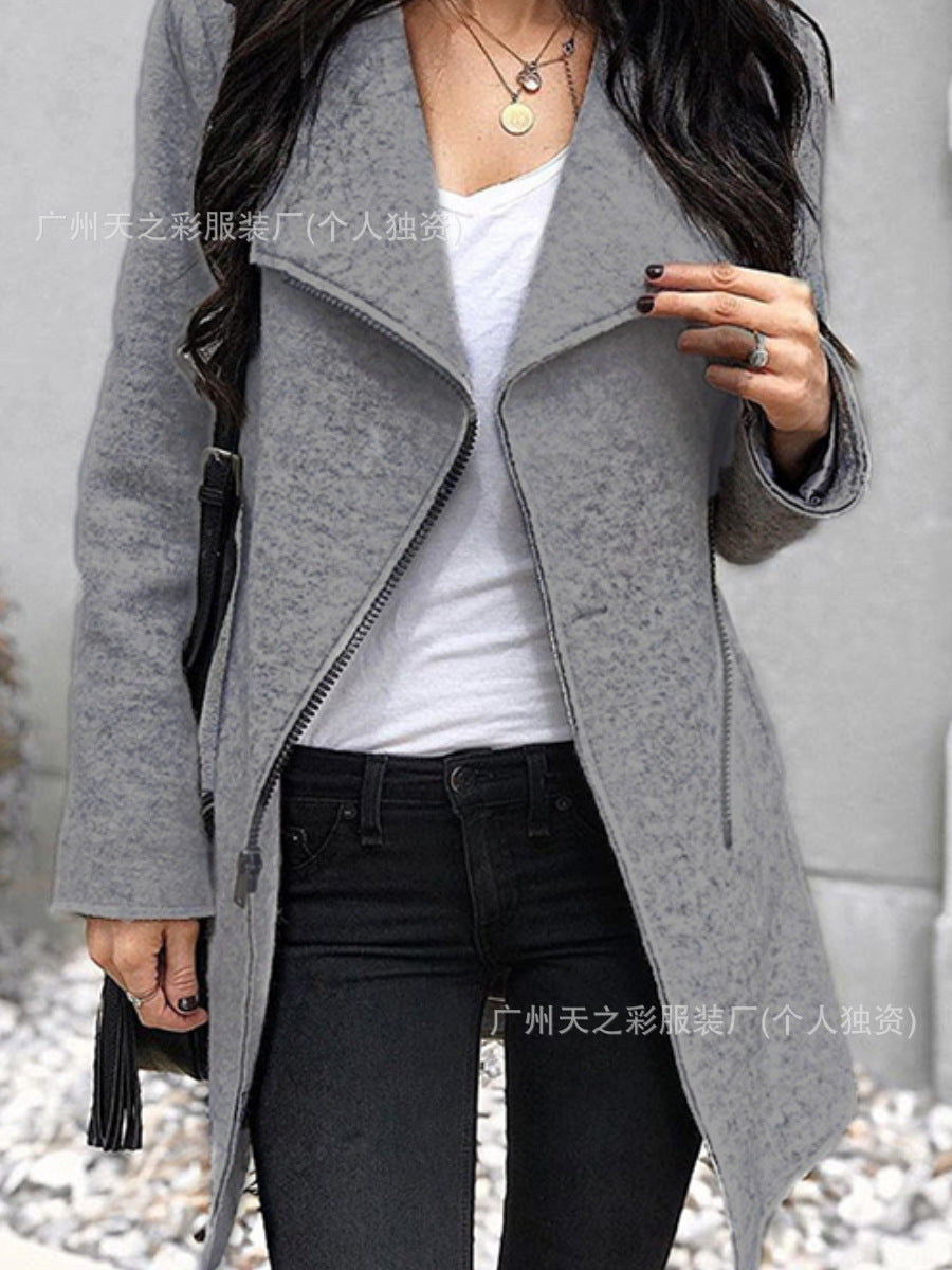 European and American cross-border new Amazon autumn and winter fashion irregular zipper lapel woolen coat