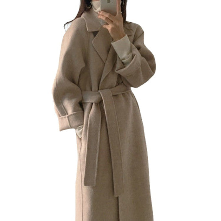 A Spot women's woolen coat Korean version salt fried street suit collar loose tie autumn and winter extended double-sided woolen coat